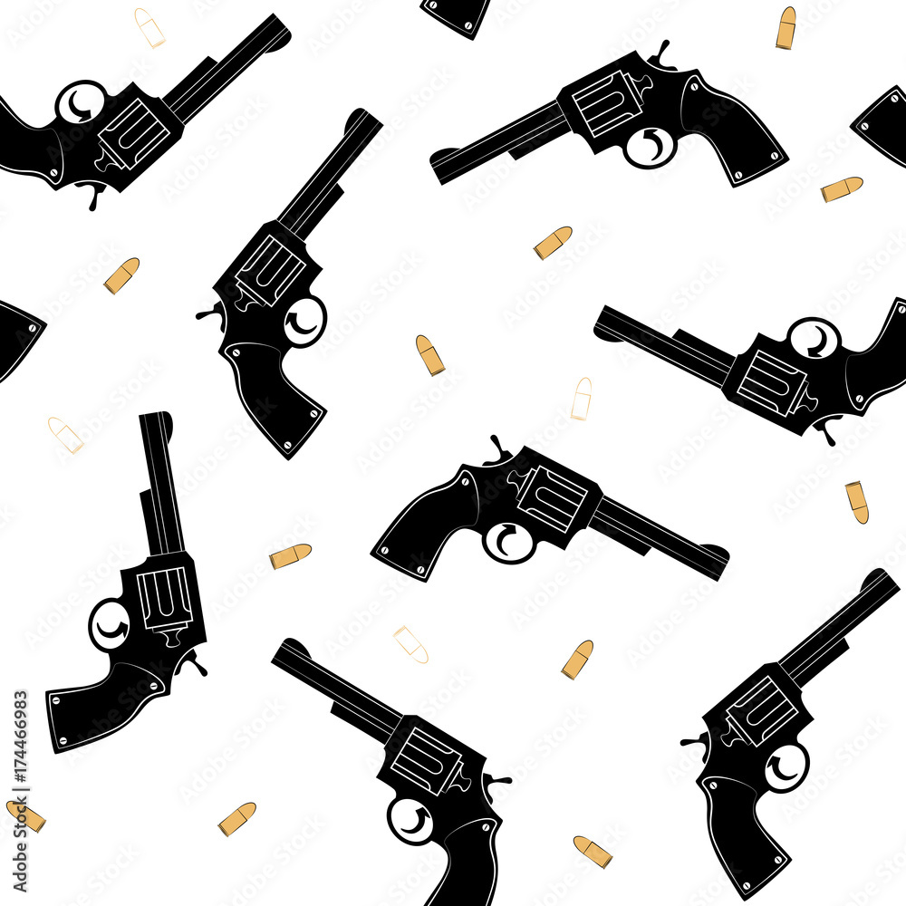 Seamless pattern with a silhouette of a black pistol and gold bullets on a white background. Vector. Vector illustration.