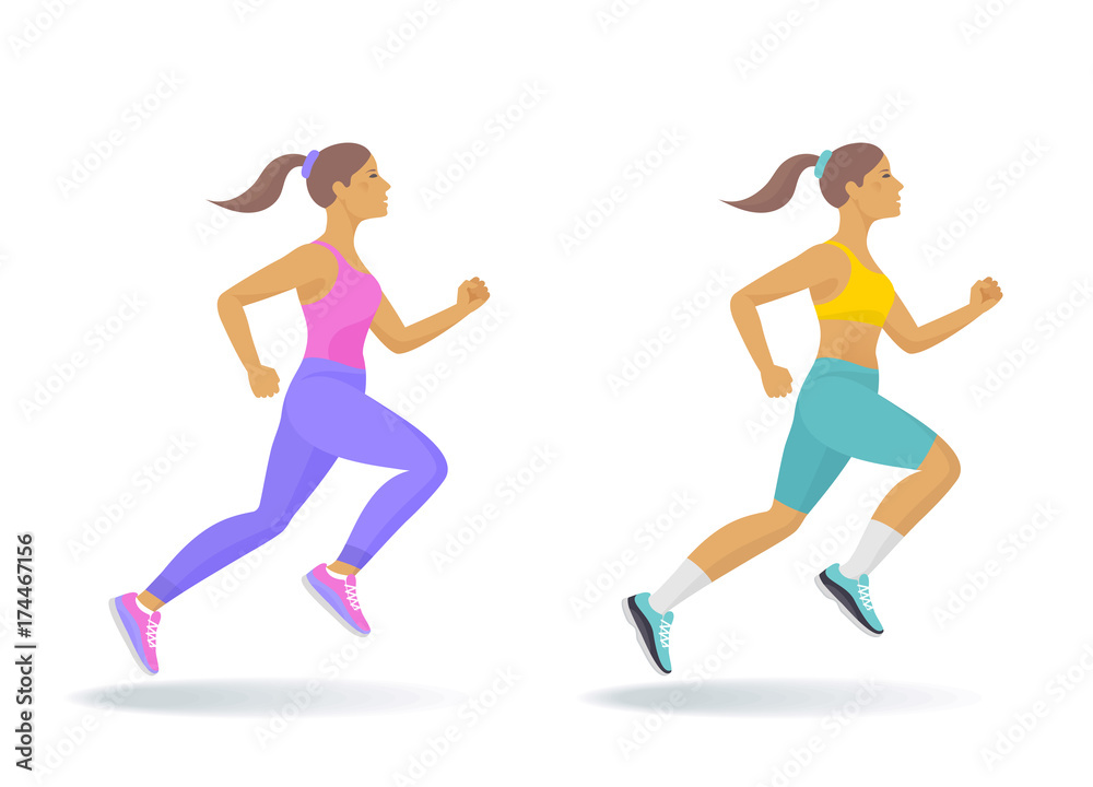 The running woman set. Side view of active sporty running young women in a sportswear. Sport, jogging, fitness, workout, active people, concept. Flat vector illustration isolated on white background.