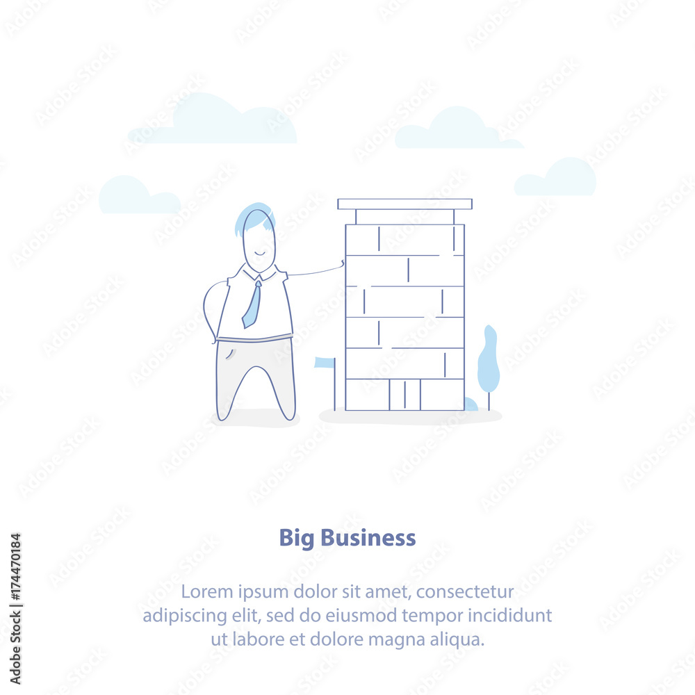Big Business, Sale of Real Estate, Architecture of the House. Cute businessman is standing near big house, he owns a large business. Isolated vector illustration.