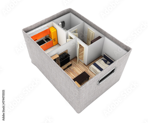 interior apartment roofless apartment layout inside the box concept of buying a home or moving 3d render without shadow
