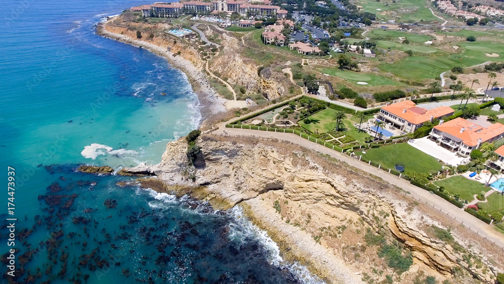 Aerial view of Rancho Palos Verdes coastline and homes, California
