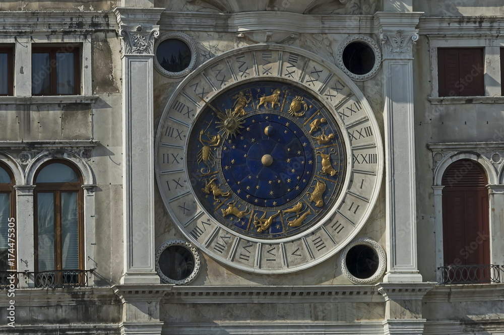 Closeup on Astronomical or Zodiac clock, located the north side of Piazza San Marco, Venezia, Venice, Italy, Europe  