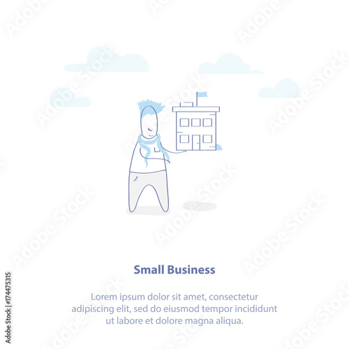 Small Business, Sale of Real Estate, Architecture of the House concept. Cute cartoon man holds a small house model in his hands, he starts his own business. Isolated vector illustration.