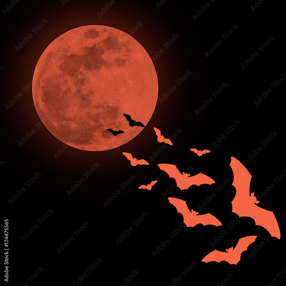 Flying bats with moon. Halloween night sky.