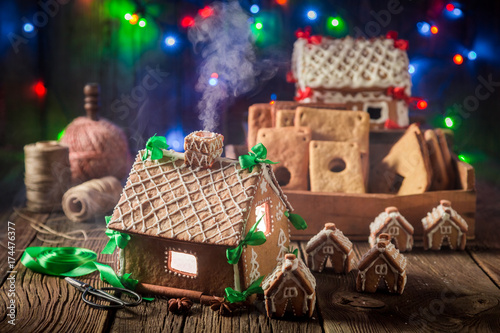 Homemade Christmas gingerbread cottage in the old workshop