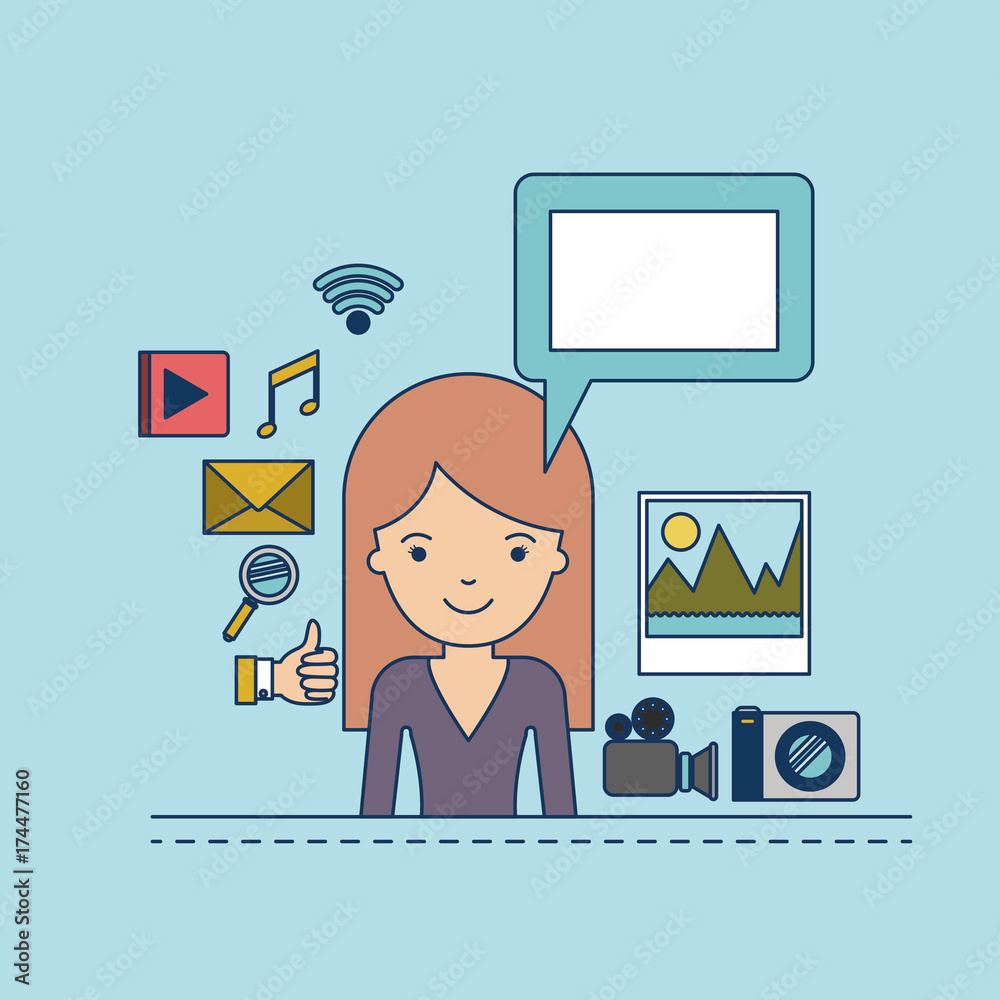 woman half body with multimedia application icons on colorful decorative background woman half body with multimedia application icons on colorful decorative background