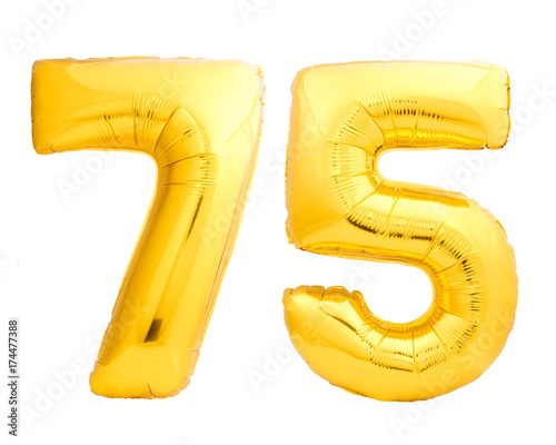 Golden number 75 seventy five made of inflatable balloon photo