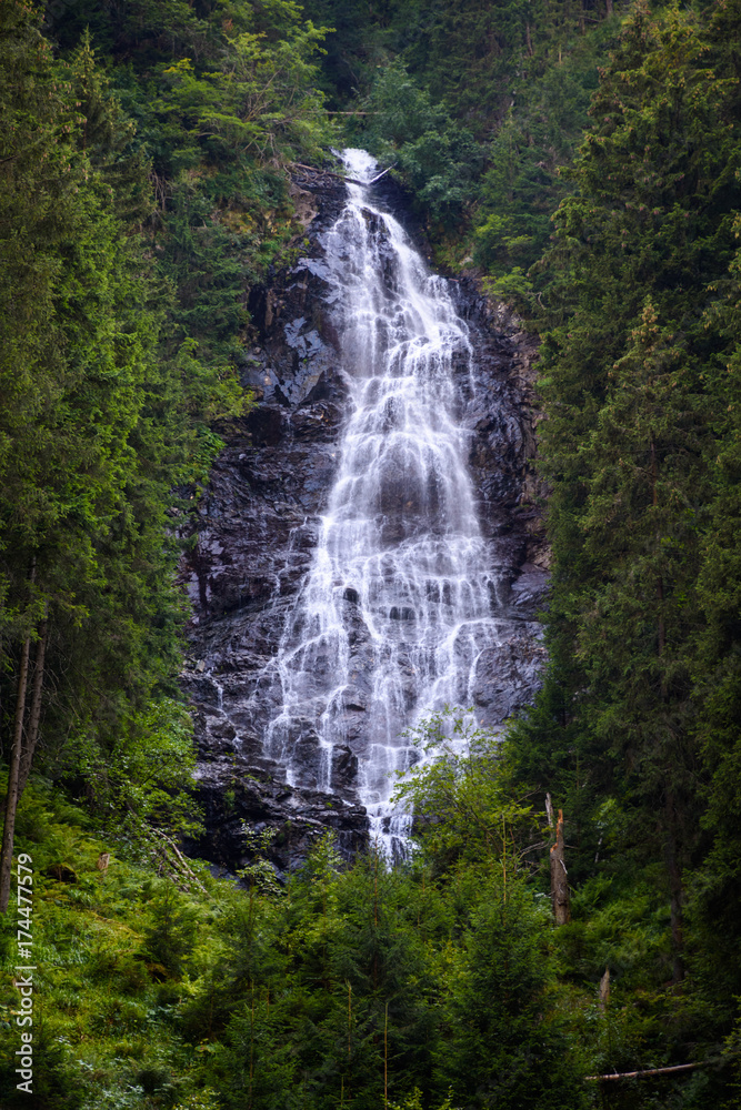 Waterfall and rocks covered with moss in the forest Waterfall and rocks covered with moss in the forest