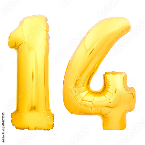 Golden number 14 fourteen made of inflatable balloon
