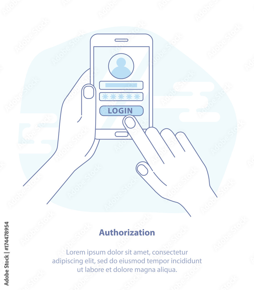 Account log in page on smartphone display. Hand holds the mobile phone and finger touches screen. Modern Flat isolated vector illustration. Account log in page on smartphone display. Hand holds the mobile phone and finger touches screen. Modern Flat isolated vector illustration.