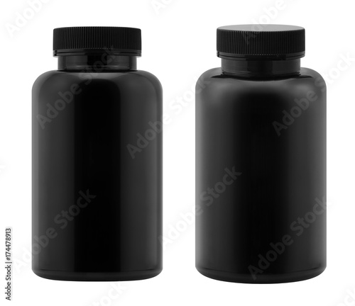 Black plastic bottle isolated on white background.