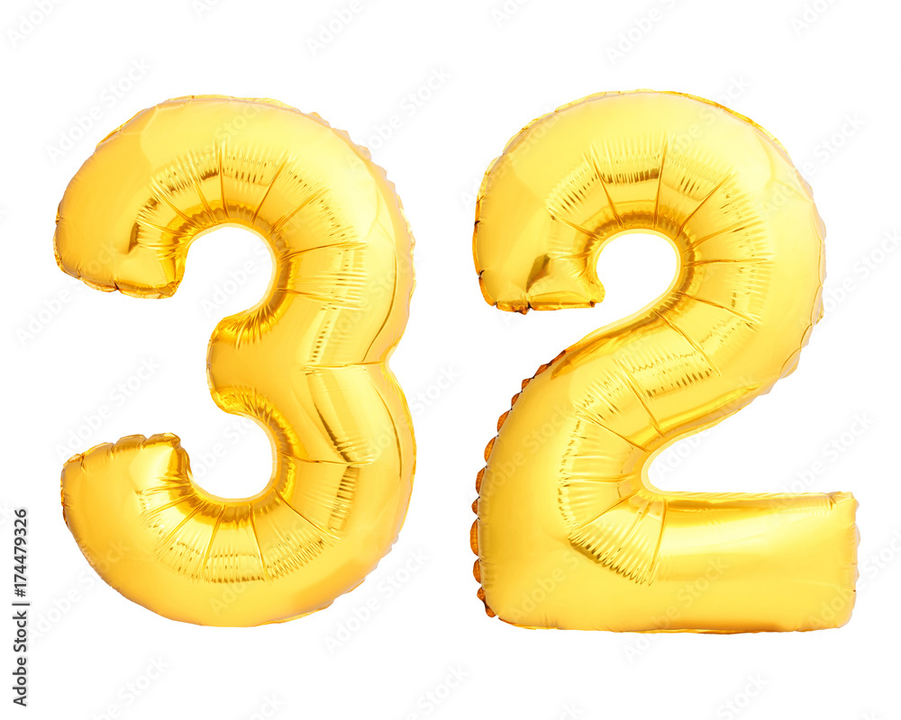 Golden number 32 thirty two made of inflatable balloon