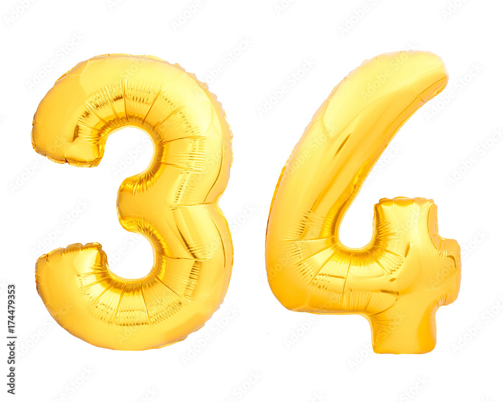 Golden number 34 thirty four made of inflatable balloon Golden number 34 thirty four made of inflatable balloon