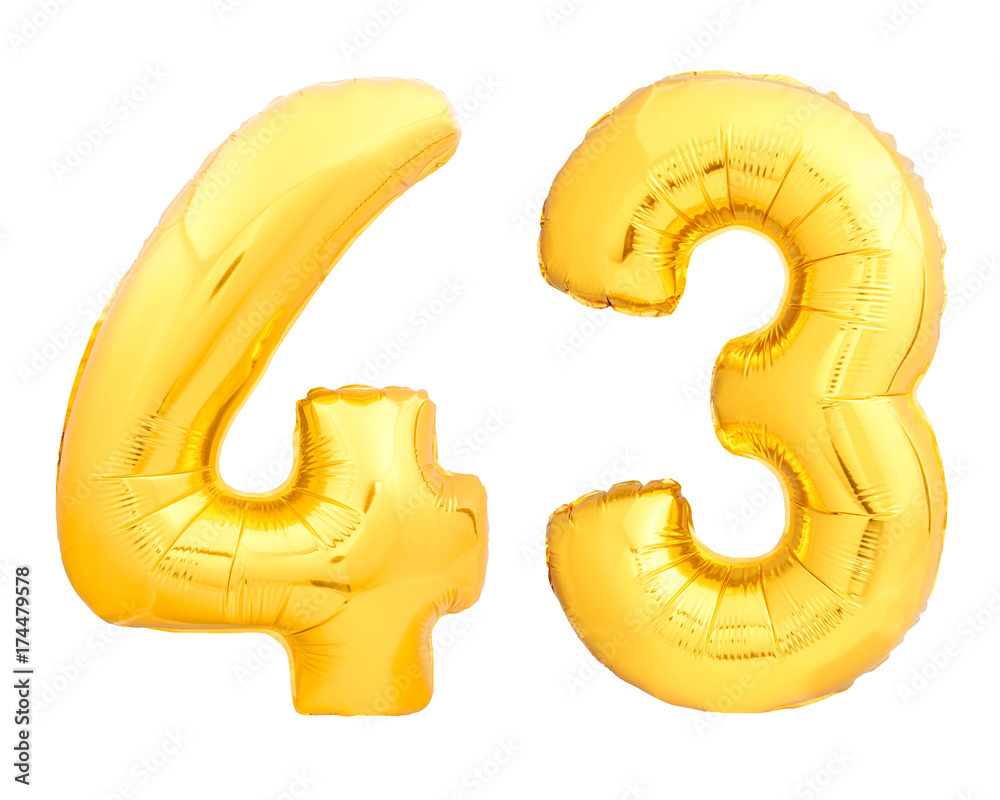 Golden number 43 fourty three made of inflatable balloon on white Golden number 43 fourty three made of inflatable balloon on white