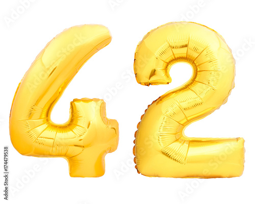 Golden number 42 fourty two made of inflatable balloon on white