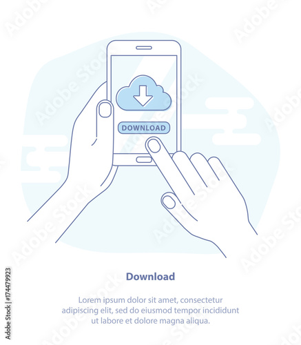 Flat line icon concept of Hand holding smartphone with File download button on the screen. Downloading Process concept. Isolated vector illustration in light colors.