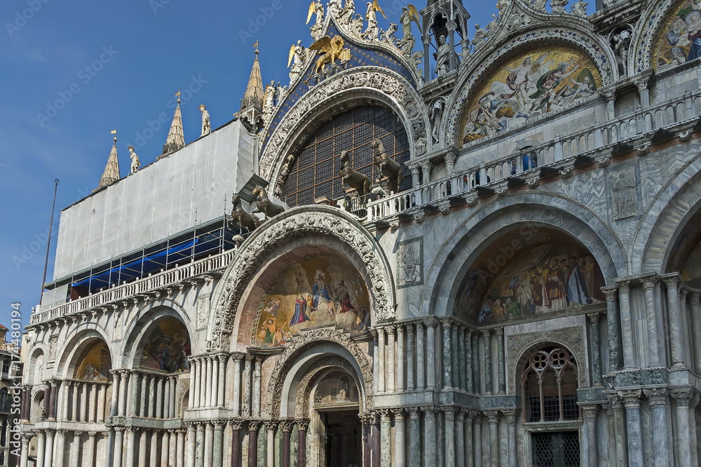 Fragment of  beauty Saint Mark's Basilica at San Marco square or piazza, Venezia, Venice, Italy, Europe