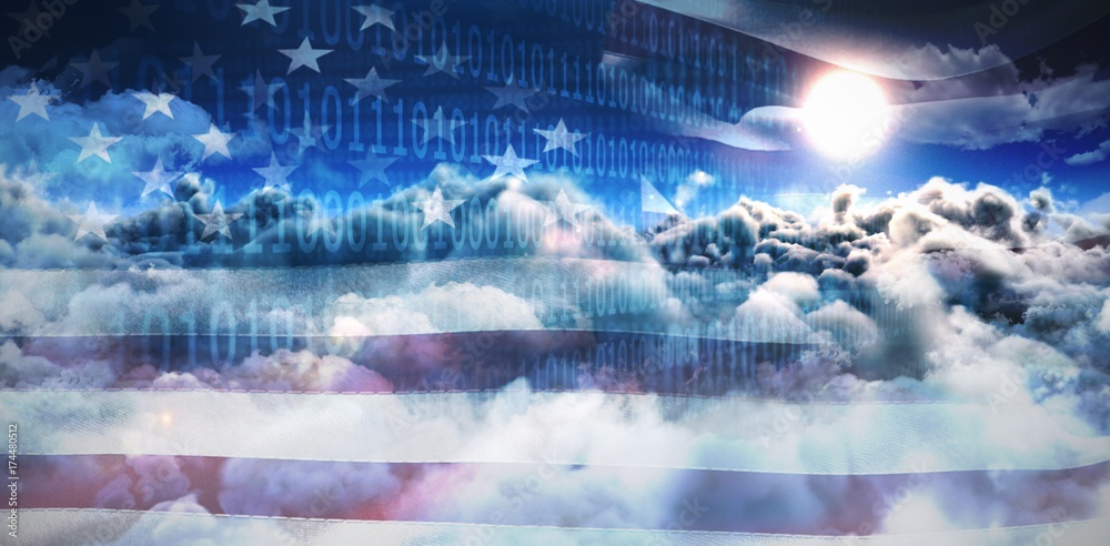 Composite image of clouds and binary coded computer screen