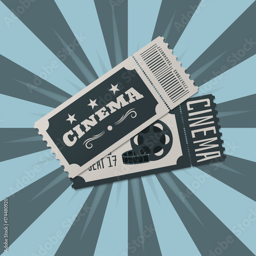 Tickets. Two tickets to the cinema on the background of the rays. Vector illustration