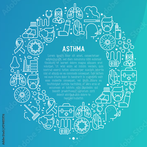 World asthma day concept in circle with thin line icons: air pollution, smoking, respirator, therapist, inhaler, bronchi, allergy symptoms and allergens. Vector illustration for banner, web page.