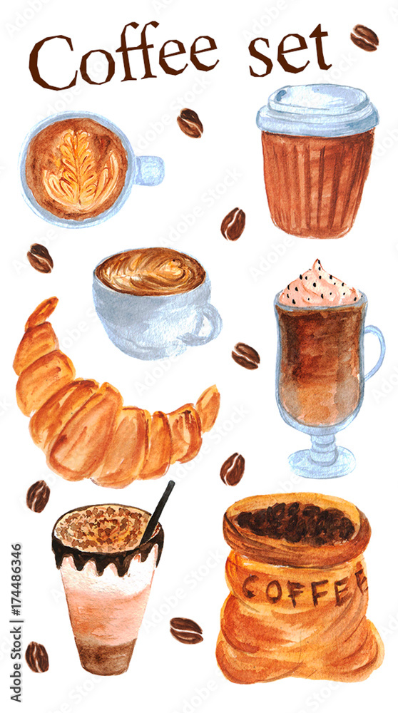 Watercolor illustration of coffee set Watercolor illustration of coffee set