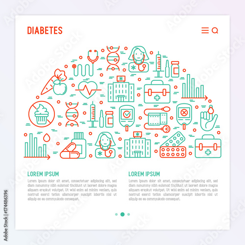 Diabetes concept with thin line icons of symptoms and prevention care. Vector illustration for background of medical survey or report, for banner, web page, print media with place for text.