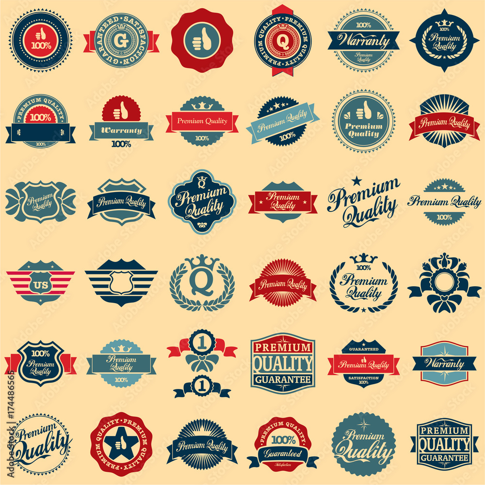 Collection of Premium Quality and Guarantee Labels retro vintage style design. 100% Premium Quality Guarantee vector sign set. Collection of Premium Quality and Guarantee Labels retro vintage style design. 100% Premium Quality Guarantee vector sign set.
