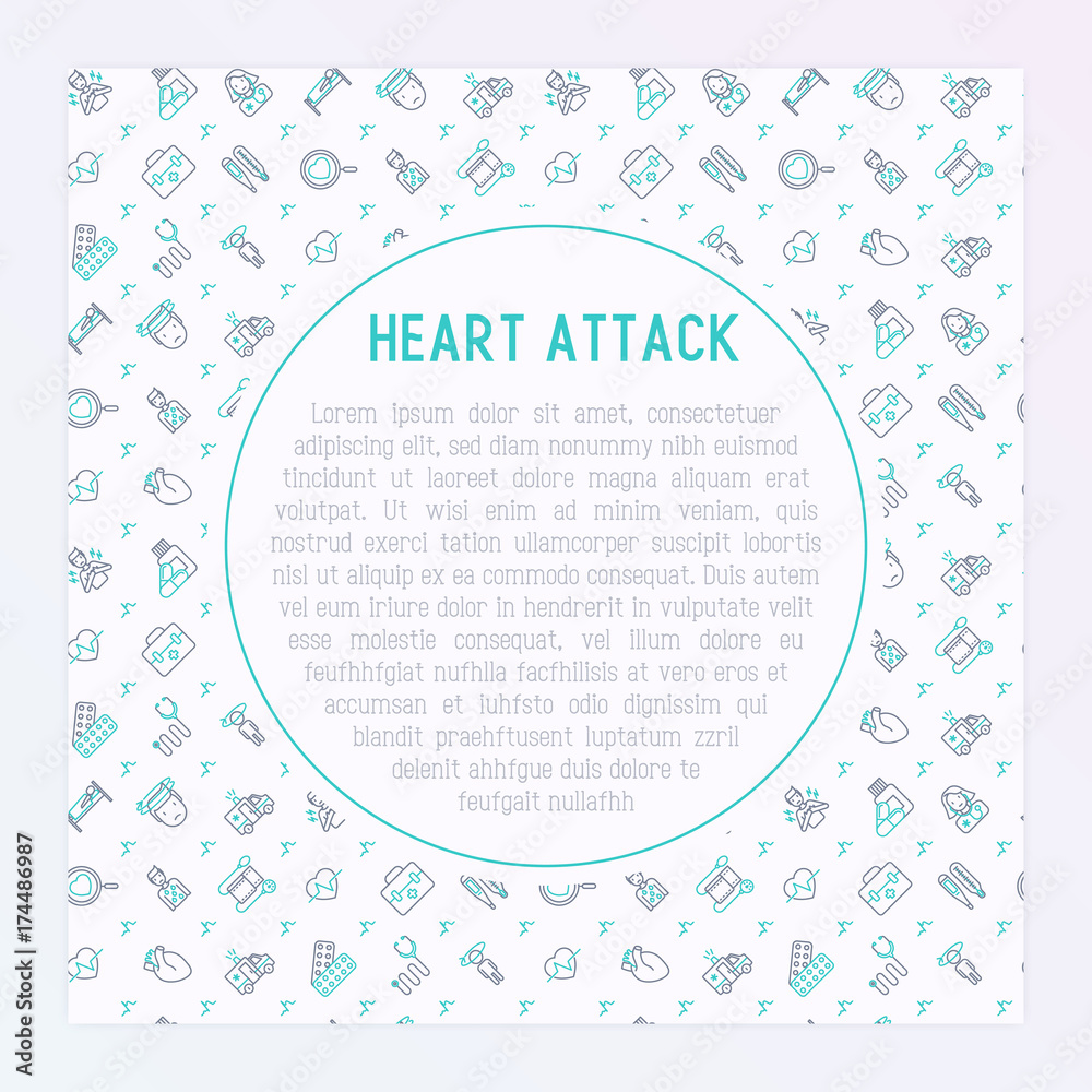 Heart attack concept with thin line icons of symptoms and treatments. Modern vector illustration for medical report or survey, banner, web page, print media with place for text. Heart attack concept with thin line icons of symptoms and treatments. Modern vector illustration for medical report or survey, banner, web page, print media with place for text.