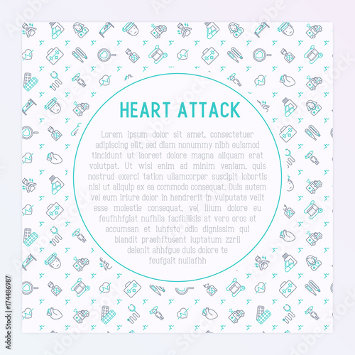 Heart attack concept with thin line icons of symptoms and treatments. Modern vector illustration for medical report or survey, banner, web page, print media with place for text.