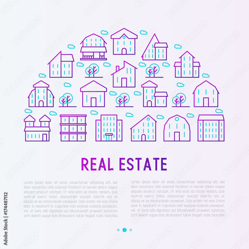 Real estate concept in half circle with thin line houses and trees. Modern vector illustration for background of banner, web page, print media with place for text.