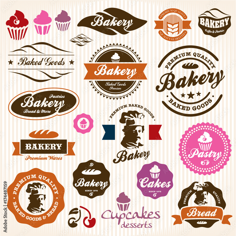 Obraz premium Bakery Bread Pastry badges and labels retro vintage vector set. Cook Chef.