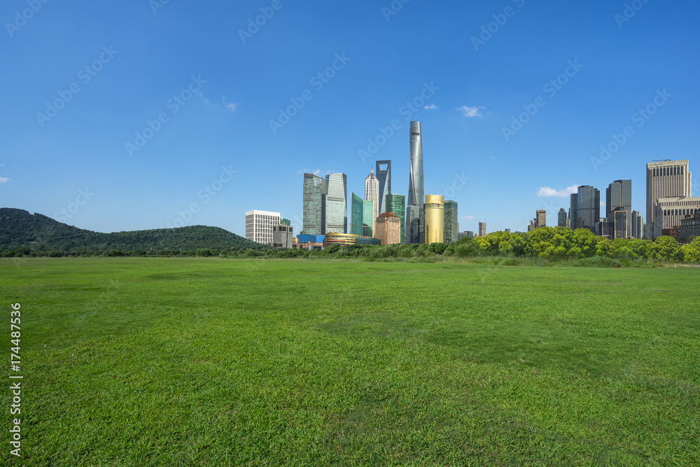 cityscape and skyline of shanghai from meadow in park