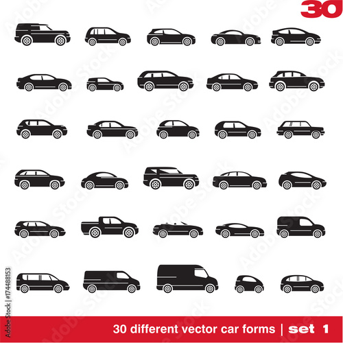 Cars icons set. 30 different vector car forms