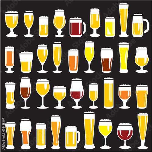 Beer glasses set. Beer mugs. Bar menu background vector easy change colors. 36 different vector forms.