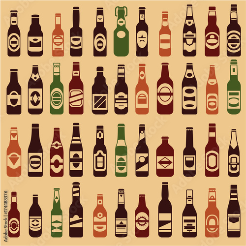 Beer bottles vector collection. Beer vintage seamless background. 44 different vector forms & labels.