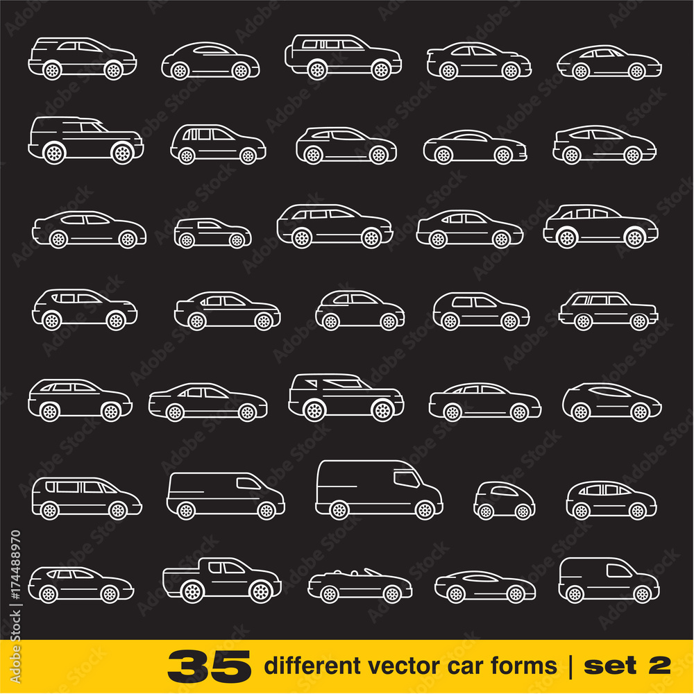 Cars icons set. 35 different outline vector car forms Cars icons set. 35 different outline vector car forms