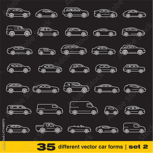 Cars icons set. 35 different outline vector car forms