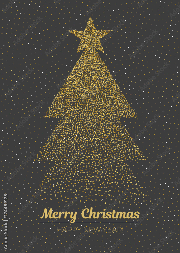 Abstract golden christmas tree on black background. Vector Merry Christmas  and happy New Year illustration. Stock Vector | Adobe Stock