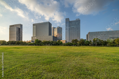 cityscape and skyline of shanghai from meadow at dusk