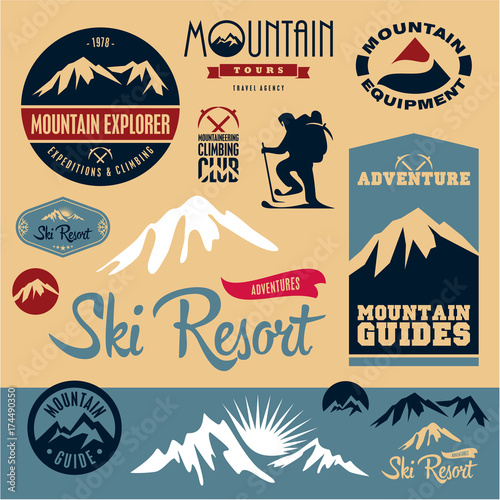 Mountain icons set. Mountain climbing. Climber. Ski Resort labels collection.