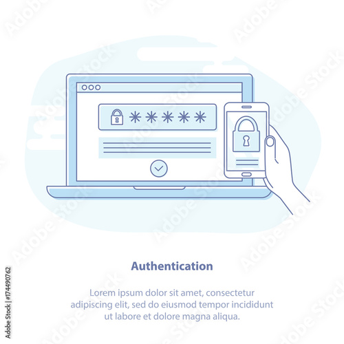 Multi factor authentication, online access control - mobile phone with password and authorization code to secure user data. Isolated vector illustration.