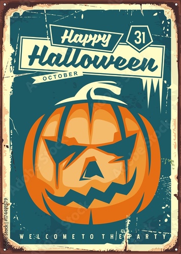 Happy Halloween retro sign. Vintage illustration for Halloween party with pumpkin head 