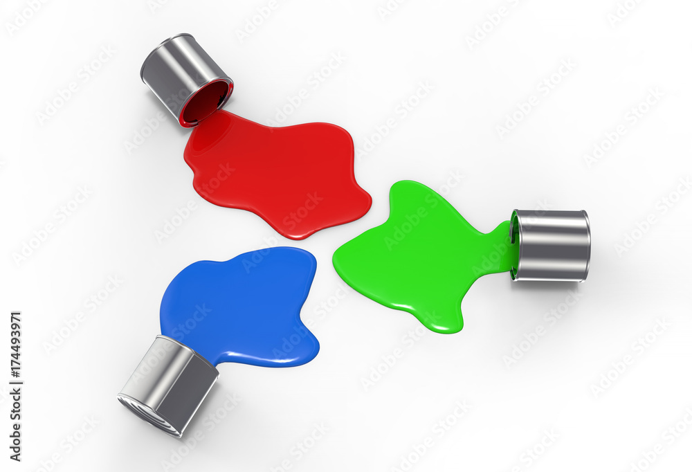 three buckets spilling color paint on the ground three buckets spilling color paint on the ground