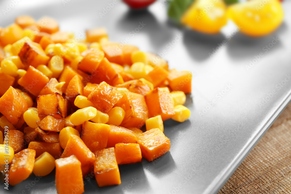 Carrot salad with corn on plate, closeup Carrot salad with corn on plate, closeup