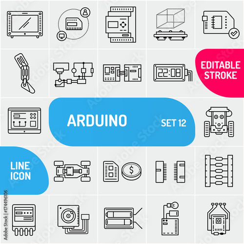Arduino line icons. Electronics components icon set. Various chip symbols collection. Vector illustration.