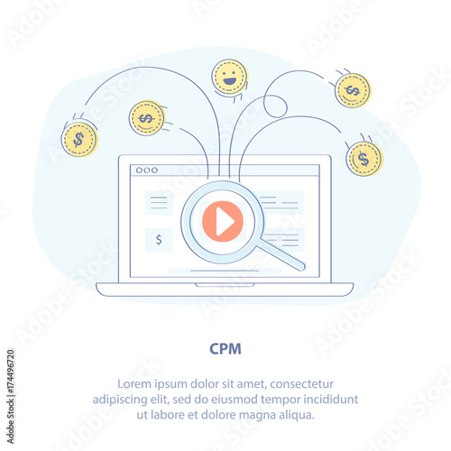 Video Marketing, CPM or Cost Per View. Magnifying glass and video promotion on laptop. Earning money on watching video advertising. Isolated vector icon. 
