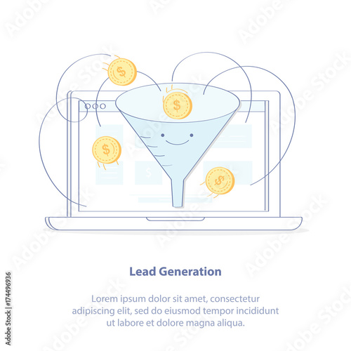 Flat line doodle vector illustration of Lead generation, Sales funnel, Marketing process for generating internet business leads. Sales funnel and laptop. Isolated vector illustration.