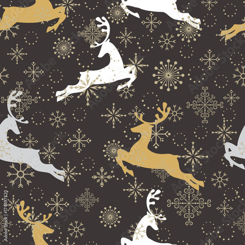 Seamless pattern with snowflakes and deers for Christmas packaging, textiles,...