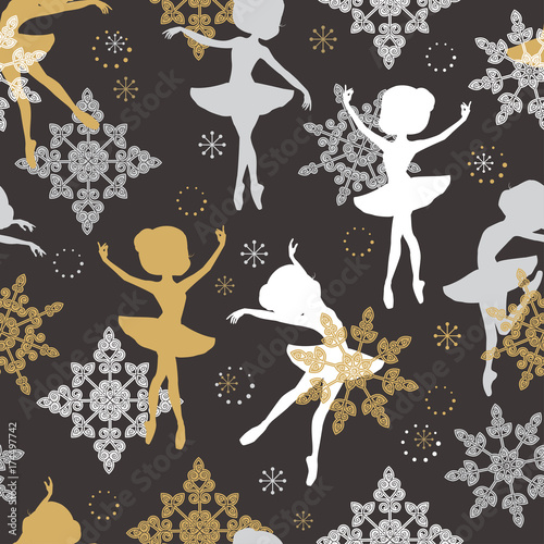 Seamless pattern with snowflakes and cute little ballerinas for Christmas pac...