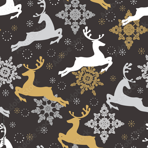 Seamless pattern with snowflakes and deers for Christmas packaging, textiles,...